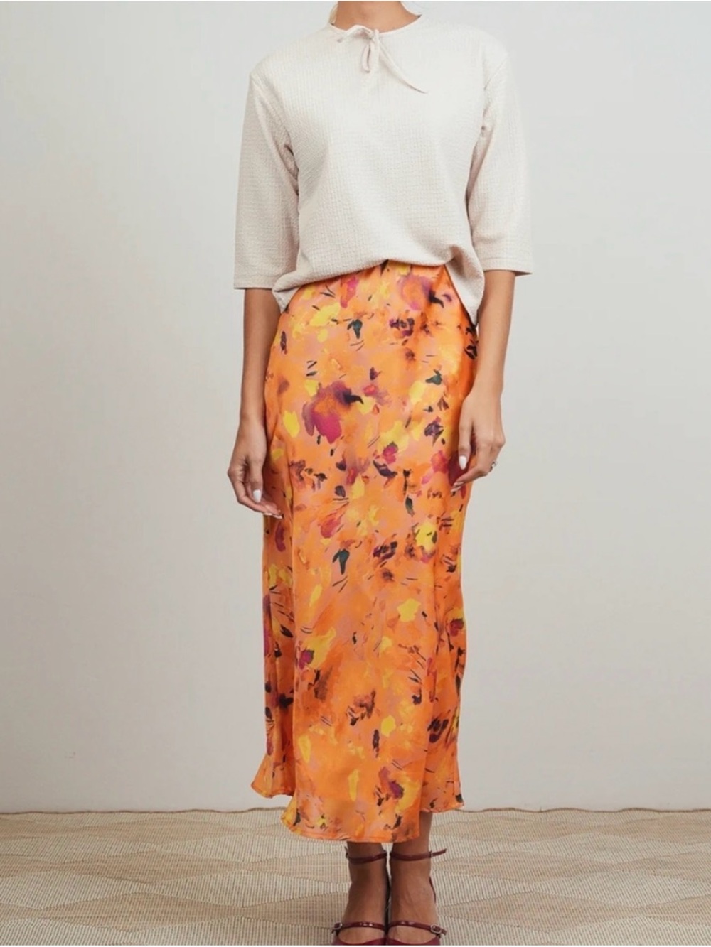 Floral Orange Satin Maxi Skirt